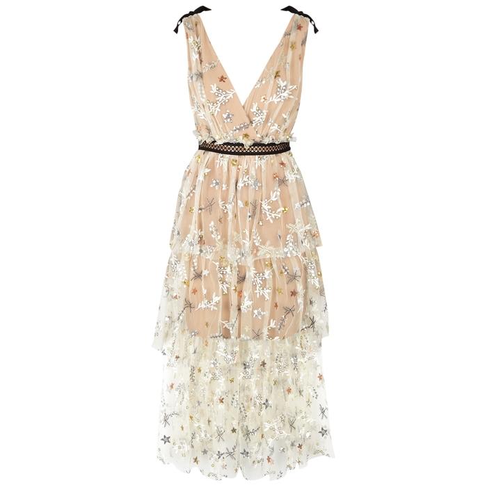 embroidered tulle midi dress