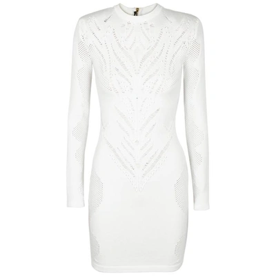 Shop Balmain White Stretch-knit Mini Dress