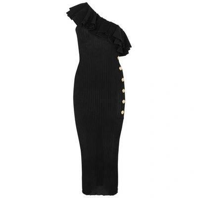 Shop Balmain Black One-shoulder Ribbed Dress