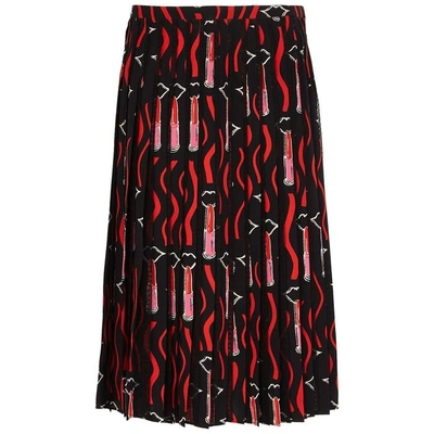 Shop Valentino Lipstick-print Pleated Silk Skirt