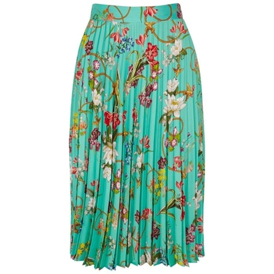 Shop Pinko Turquoise Floral-print Pleated Skirt