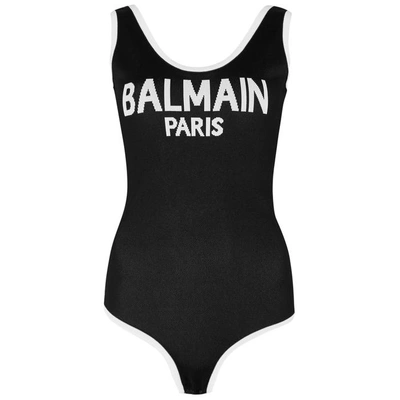Shop Balmain Black Logo Knitted Bodysuit In Black And White