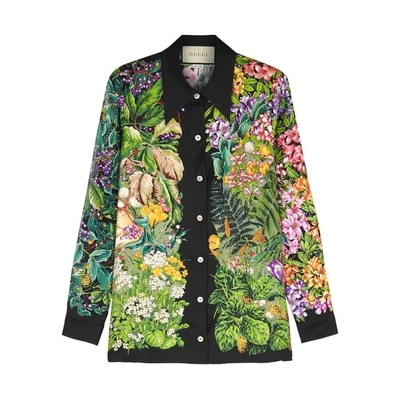 Shop Gucci Deer And Floral-print Silk Shirt