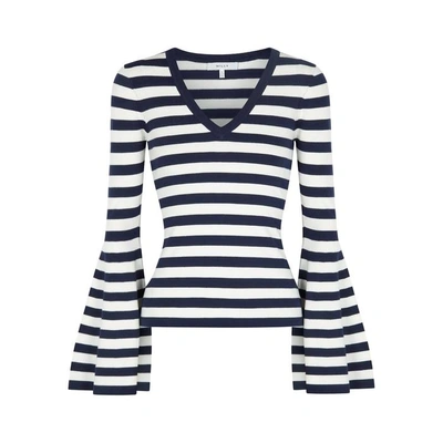 Shop Milly Striped Flared-sleeve Stretch-knit Top In Navy