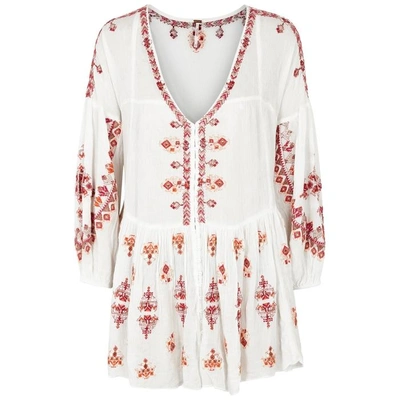 Shop Free People Arianna Cream Embroidered Rayon Top In White And Red