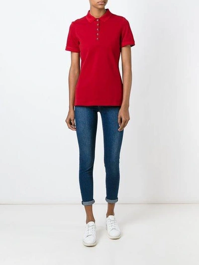 Shop Burberry Check Trim Stretch Cotton Piqué Polo Shirt In Red