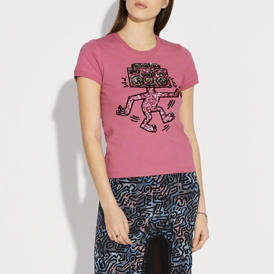 Shop Coach X Keith Haring Embellished T-shirt In Fuschia