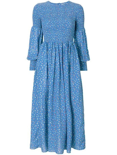 Ganni Beacon Smocked Cotton And Silk-blend Maxi Dress In Blue | ModeSens