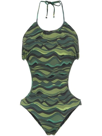 Shop Amir Slama Waves Print Swimsuit In Green