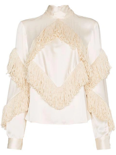 Shop Christopher Kane Fringed High Neck Long Sleeve Top - Neutrals In Nude & Neutrals