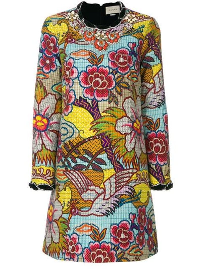 Shop Gucci Embellished Floral Print Dress In Multicolour