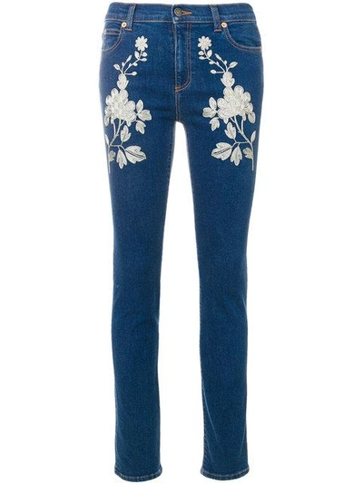 Shop Gucci Embroidered Skinny Jeans In Blue