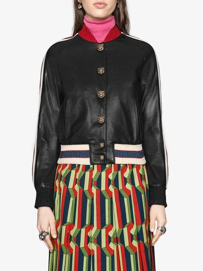 Shop Gucci Embroidered Leather Bomber In Black