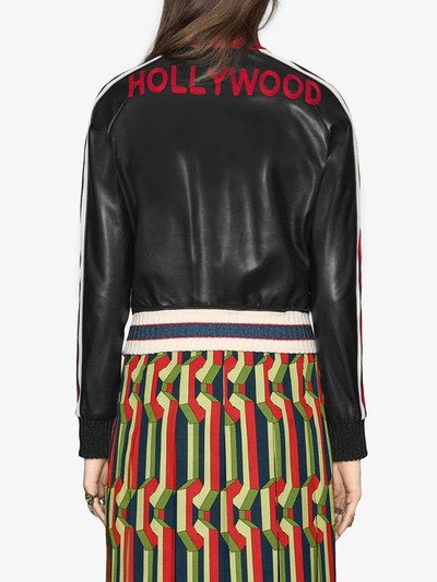 Shop Gucci Embroidered Leather Bomber In Black