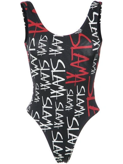Shop Amir Slama Logo Print Swimsuit In Black