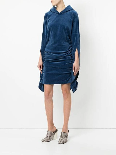 Shop Paula Knorr Velour Ruched Hooded Dress In Blue