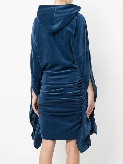 Shop Paula Knorr Velour Ruched Hooded Dress In Blue
