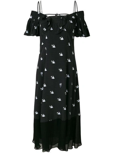 Shop Mcq By Alexander Mcqueen Off-the-shoulder Swallow-print Maxi Dress In Black