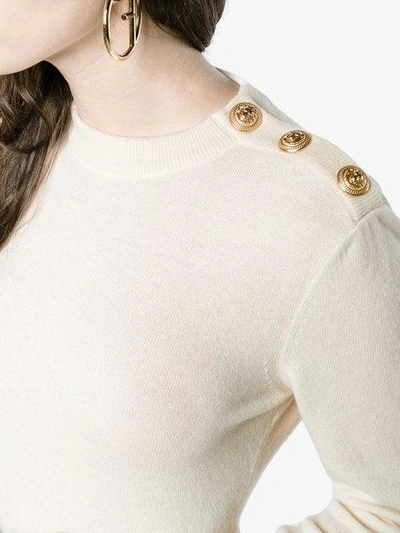 Shop Balmain Cashmere Jumper With Gold Button Detail - White