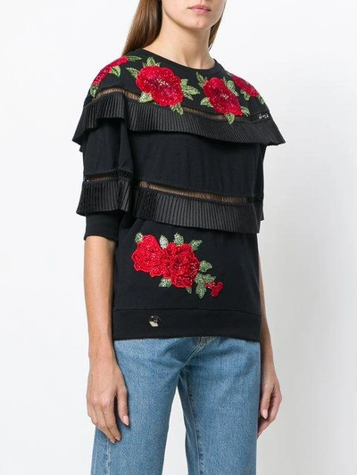 Shop Philipp Plein Embroidered Rose Pleated T-shirt - Black