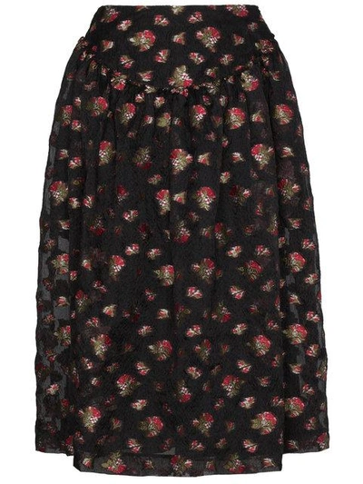 Shop Simone Rocha Floral Embroidered Full Midi Skirt In Black