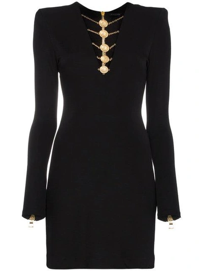 Shop Balmain Disc Embellished V-neck Mini Dress - Black