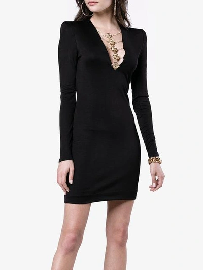 Shop Balmain Disc Embellished V-neck Mini Dress - Black