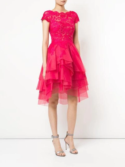 Shop Monique Lhuillier Lace-embroidered Flared Dress In Pink