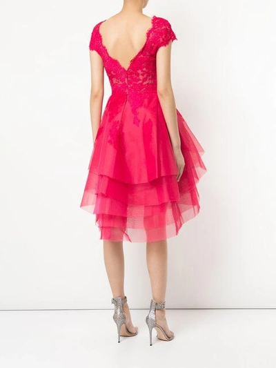 Shop Monique Lhuillier Lace-embroidered Flared Dress In Pink
