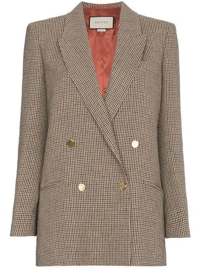 Shop Gucci Houndstooth Linen Jacket With Back Patch In Brown