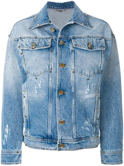 Shop Versace Printed Denim Jacket In Blue