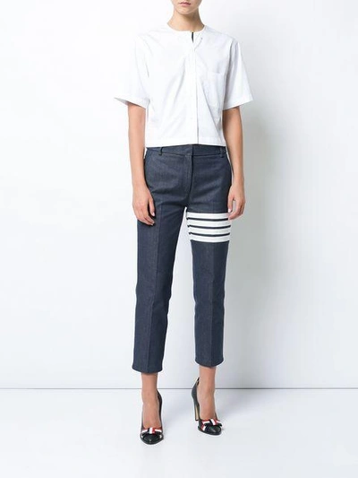 Shop Thom Browne Short Sleeve Cropped Button Down Shirt With Grosgrain Placket In Egyptian Cotton Poplin