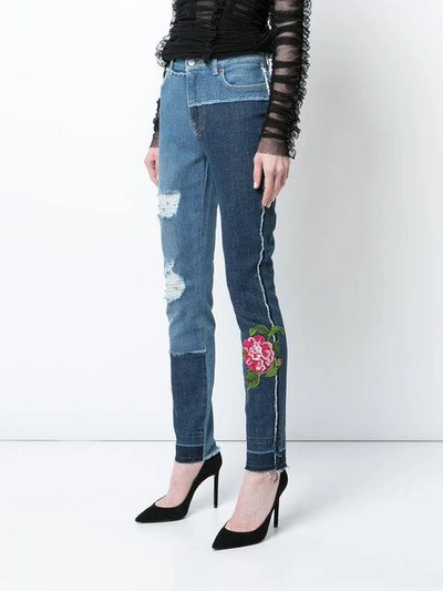 Shop Dolce & Gabbana Skinny Patchwork Jeans With Floral Embroidery In Blue