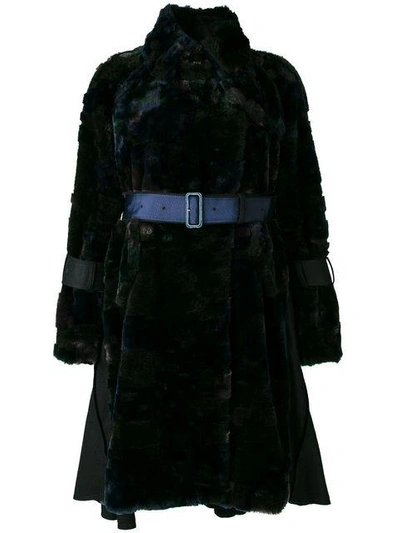 Shop Sacai Belted Faux Fur Coat