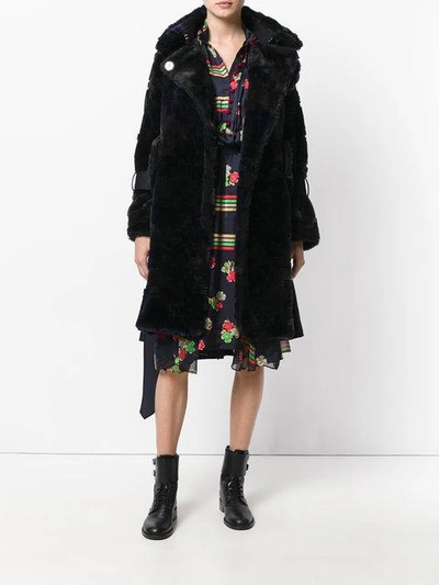 Shop Sacai Belted Faux Fur Coat