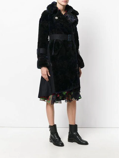 Shop Sacai Belted Faux Fur Coat