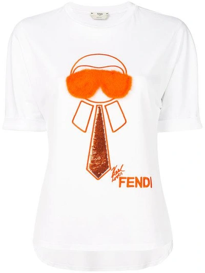 Shop Fendi Karlito-embroidered T-shirt - White