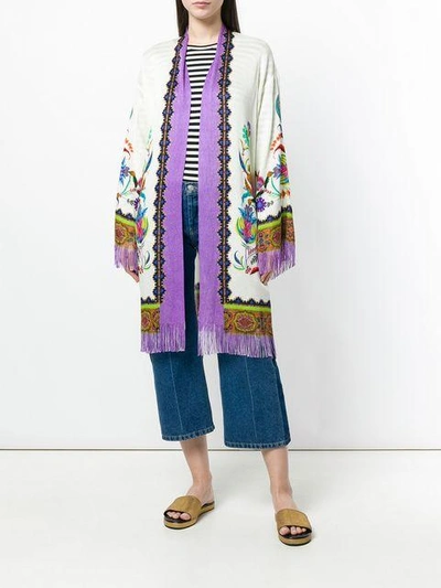 Shop Etro Mixed Pattern Fringed Cardi-coat - White