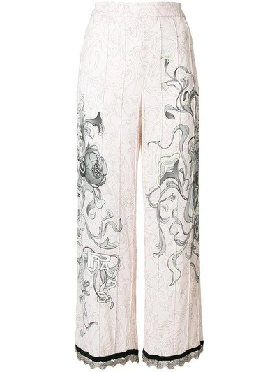 Prada Liberty Printed Sablè Pants W/ Fringe In F062n Cipria Silver