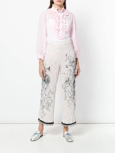 Prada Liberty Printed Sablè Pants W/ Fringe In F062n Cipria Silver