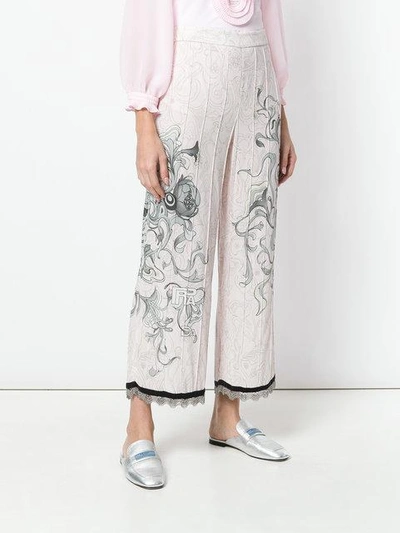 Prada Liberty Printed Sablè Pants W/ Fringe In F062n Cipria Silver