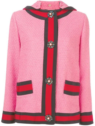 Shop Gucci Hooded Tweed Jacket - Pink