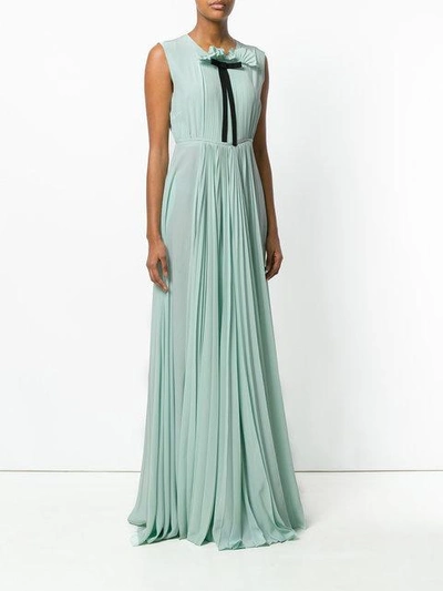 Shop Rochas Pleated Front Gown With Pussy Bow In Green