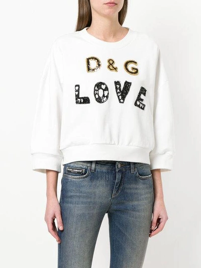 Shop Dolce & Gabbana Love Metallic Embellished Sweatshirt - White