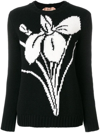 Shop N°21 Nº21 Intarsien-pullover Mit Blumen-motiv - Schwarz In Black