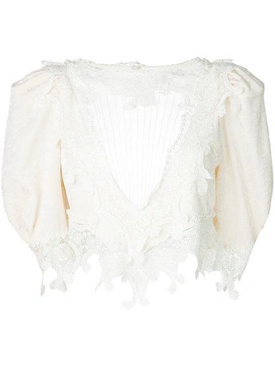 Shop Saint Laurent Lace Front Yoke Blouse In Neutrals