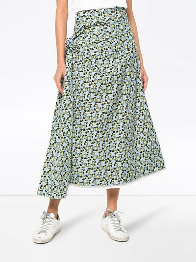 Shop Marni Floral Print Side-tie Skirt In Blue