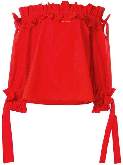 Shop Sara Roka Ruched Bardot Top In Red