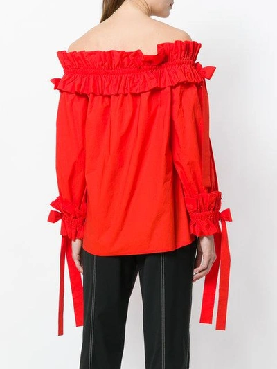 Shop Sara Roka Ruched Bardot Top In Red