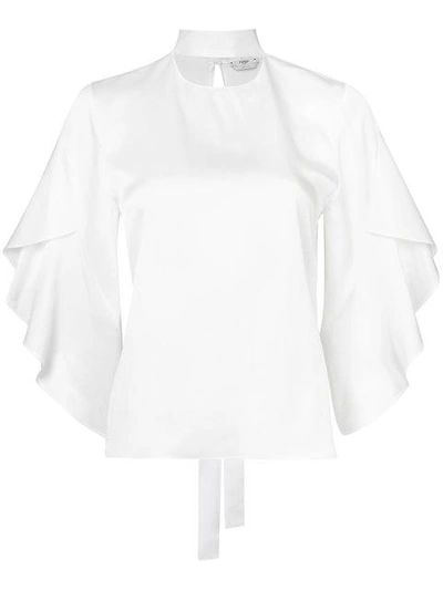 Shop Fendi Frill Sleeve Blouse With Neck Tie Detail - White